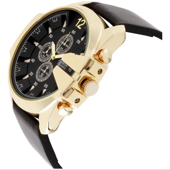 American Exchange Men’s Gold Black Leather Strap Quartz Watch (Cracked Glass) - Picture 1 of 8